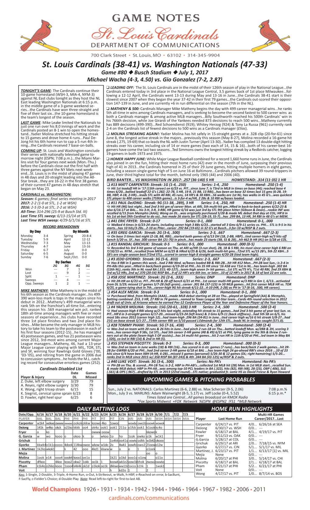 St. Louis Cardinals (38-41) Vs. Washington Nationals (47-33) Game #80 N Busch Stadium N July 1, 2017 Michael Wacha (4-3, 4.50) Vs