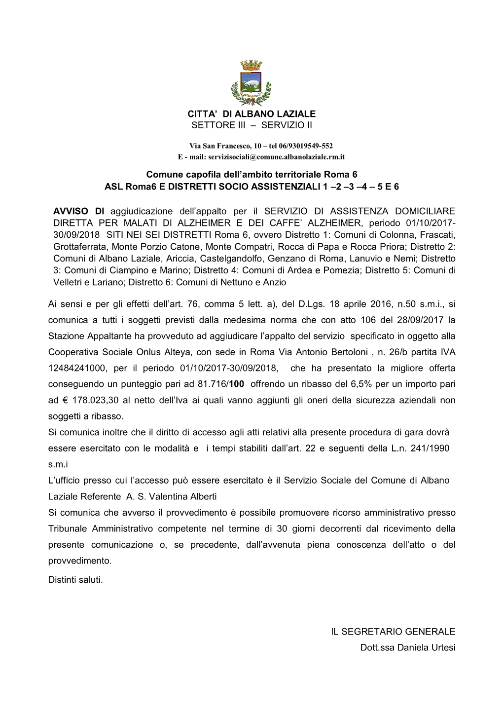 SERVIZIO II Comune Capofila Dell'ambito Territoriale Roma 6 ASL