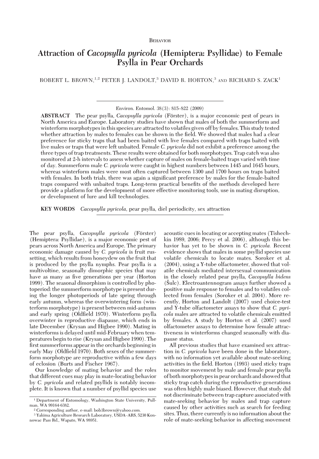 (Hemiptera: Psyllidae) to Female Psylla in Pear Orchards