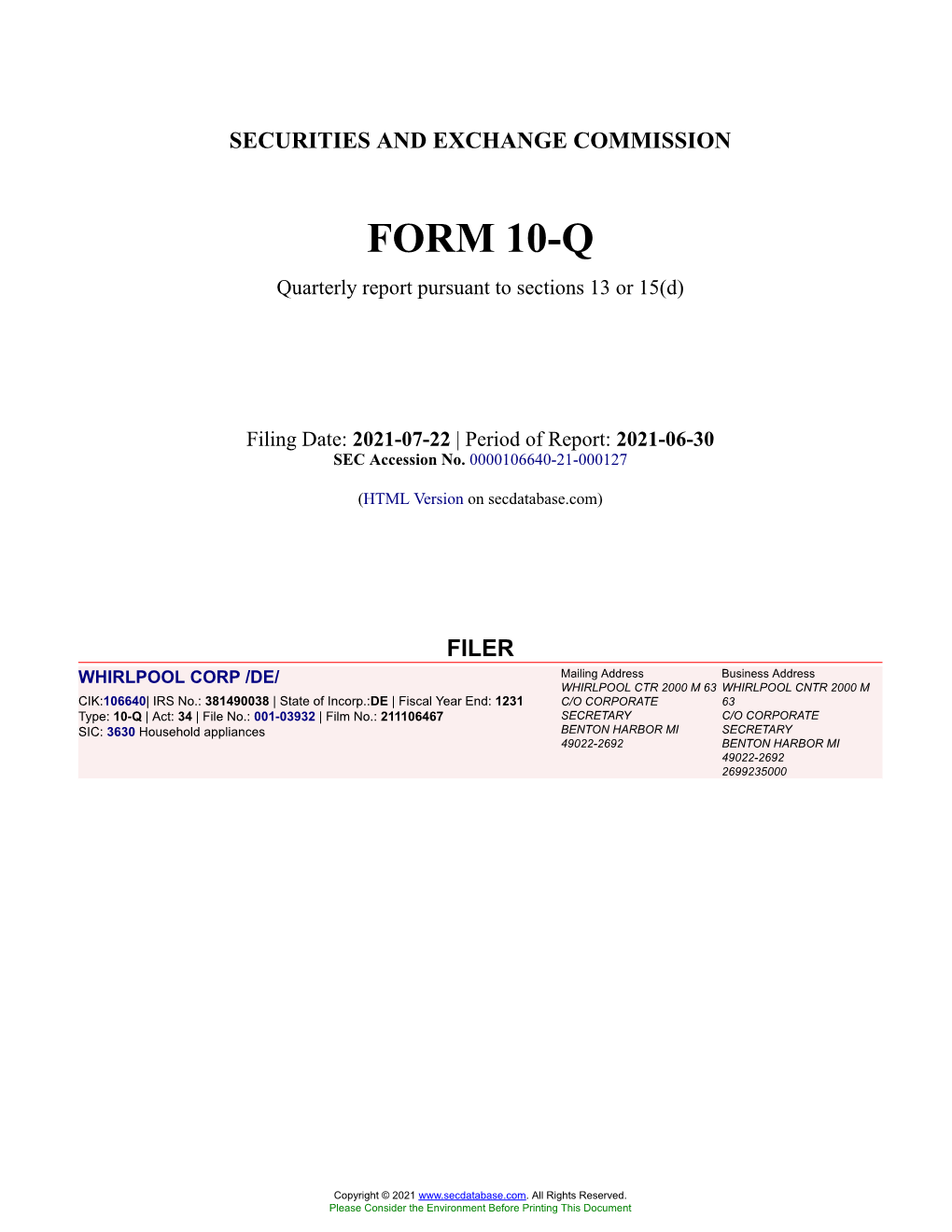 Form 10-Q Quarterly Report Filed 2021-07-22