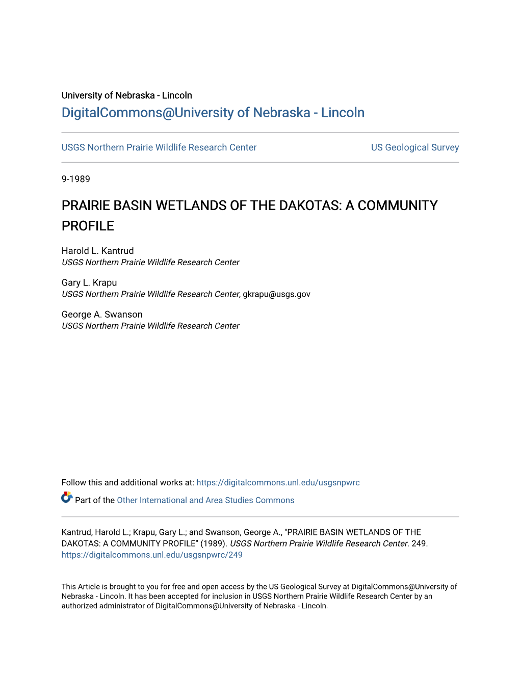 Pralrle BASIN WETLANDS of the DAKOTAS: a Communlty PROFILE