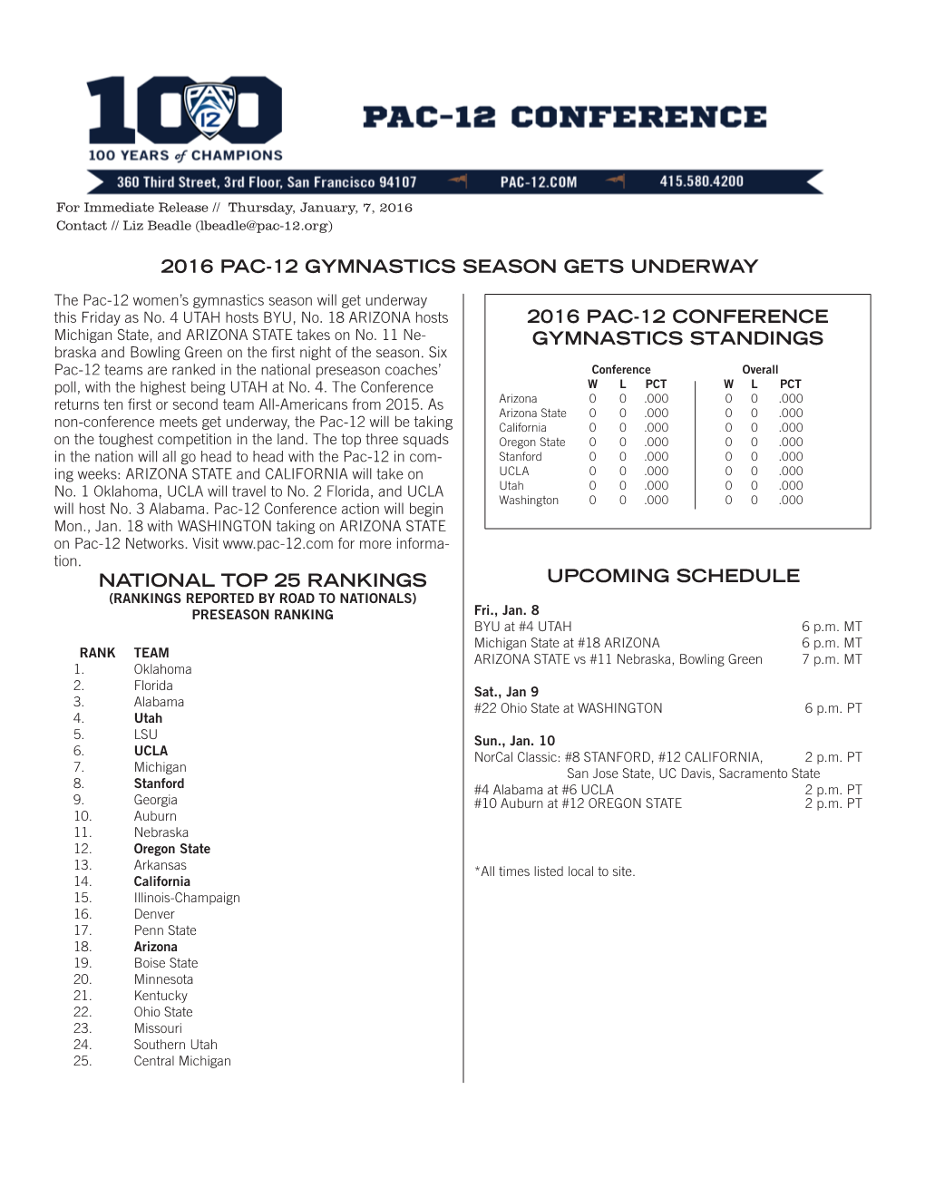 2016 Pac-12 Women's Gymnastics Scoreboard