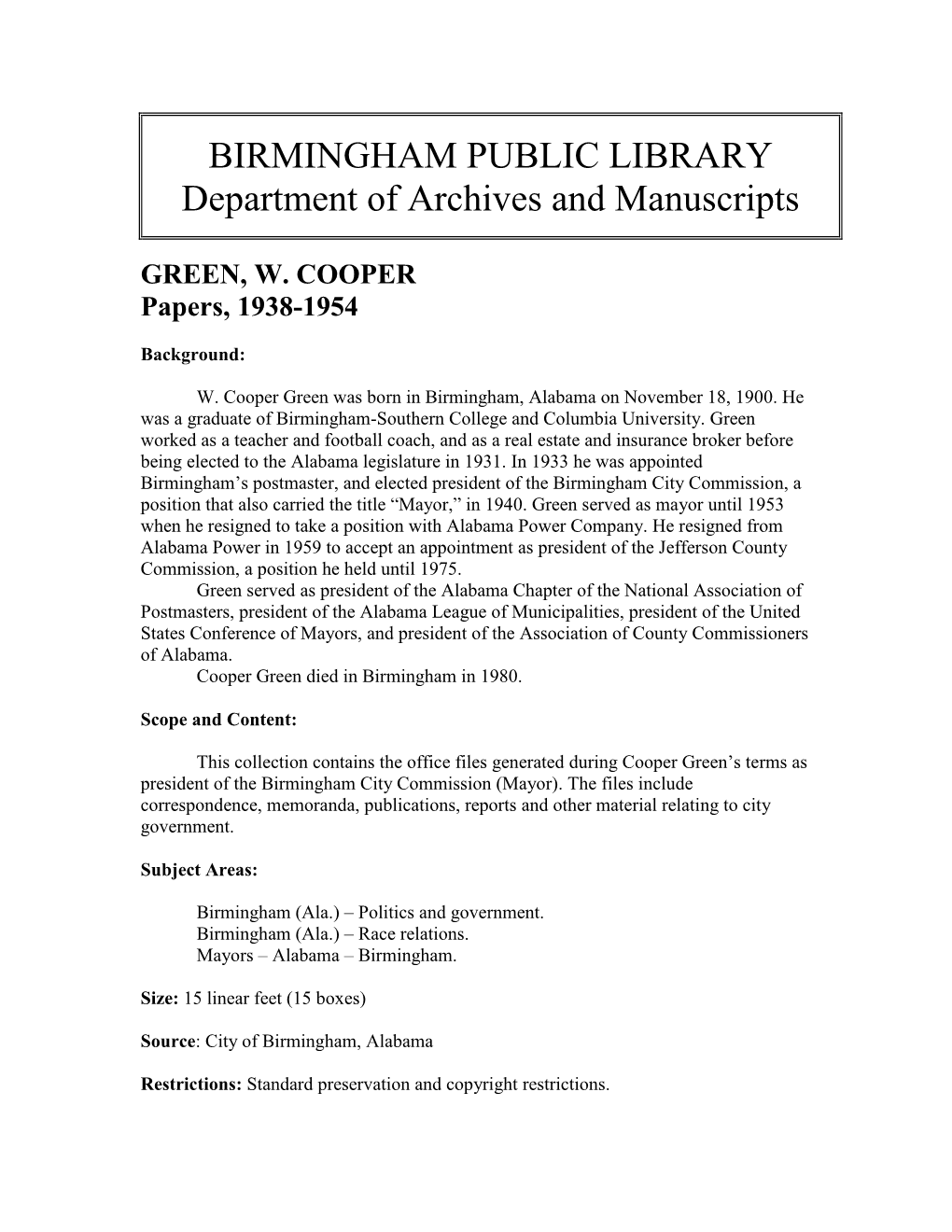 BIRMINGHAM PUBLIC LIBRARY Department of Archives and Manuscripts