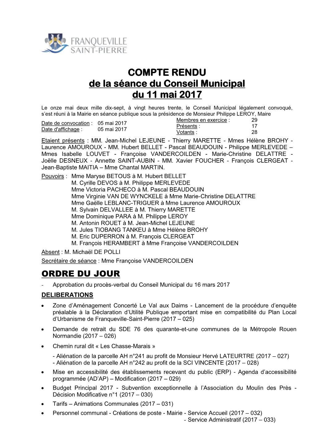 COMPTE RENDU De La Séance Du Conseil Municipal Du 11 Mai 2017