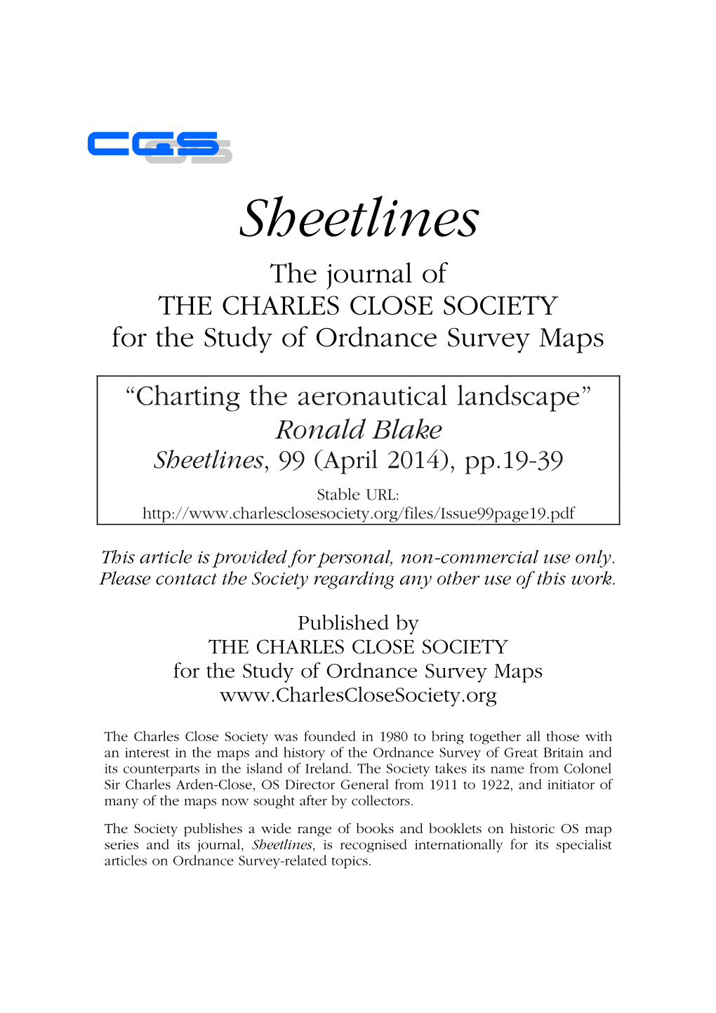 “Charting the Aeronautical Landscape” Ronald Blake Sheetlines, 99 (April 2014), Pp.19-39 Stable URL