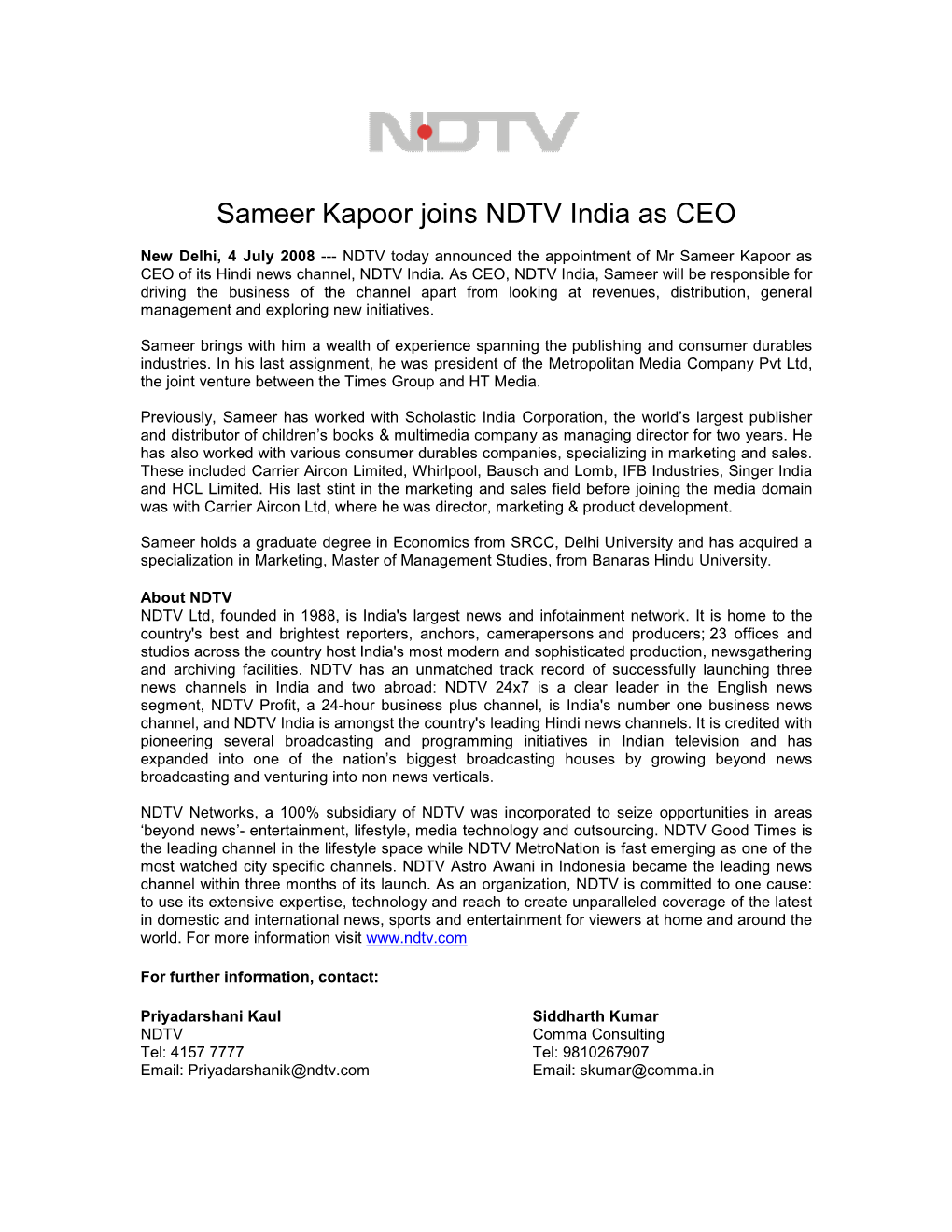 Sameer Kapoor Joins NDTV India As CEO