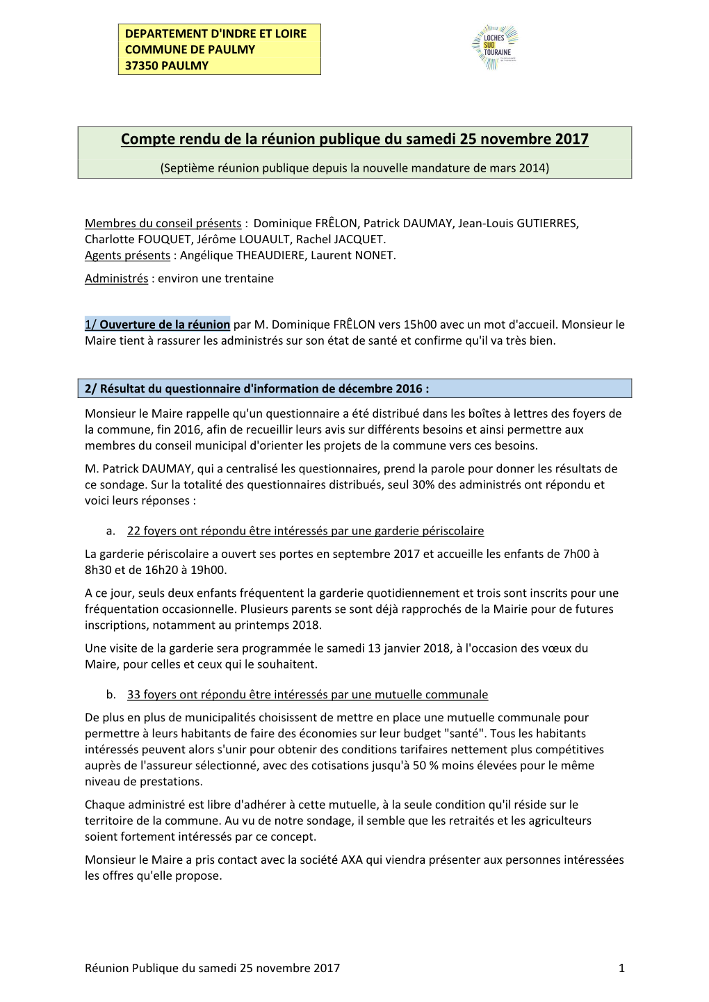 Compte Rendu De La Réunion Publique Du Samedi 25 Novembre 2017 (Septième Réunion Publique Depuis La Nouvelle Mandature De Mars 2014)