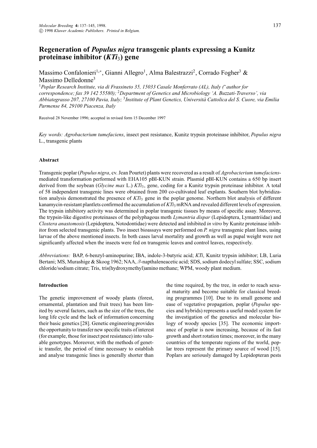 Regeneration of Populus Nigra Transgenic Plants Expressing a Kunitz