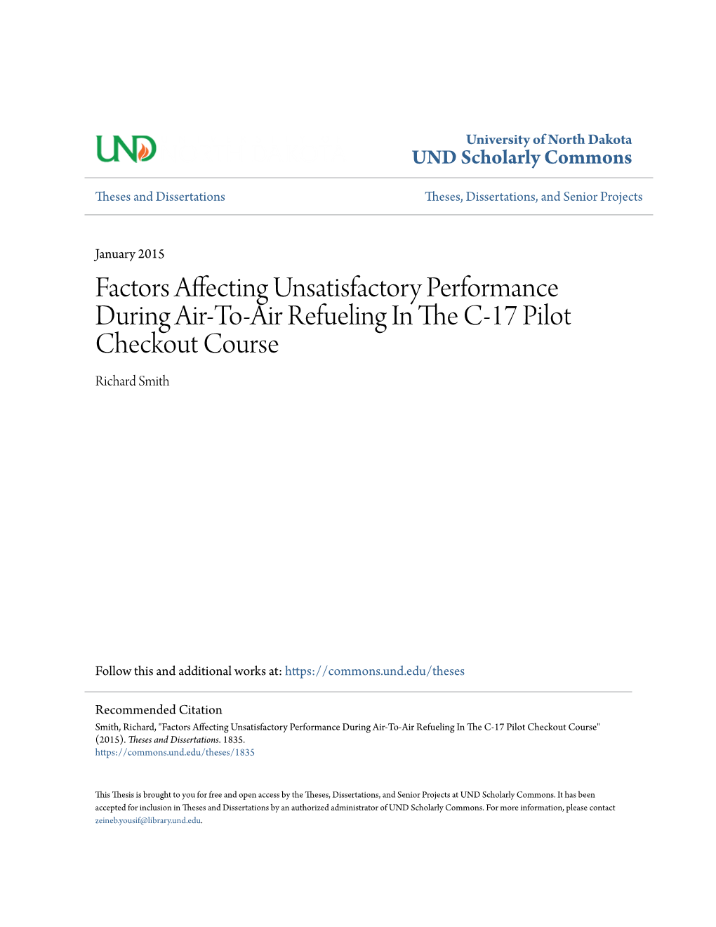 Factors Affecting Unsatisfactory Performance During Air-To-Air Refueling in the C-17 Pilot Checkout Course Richard Smith