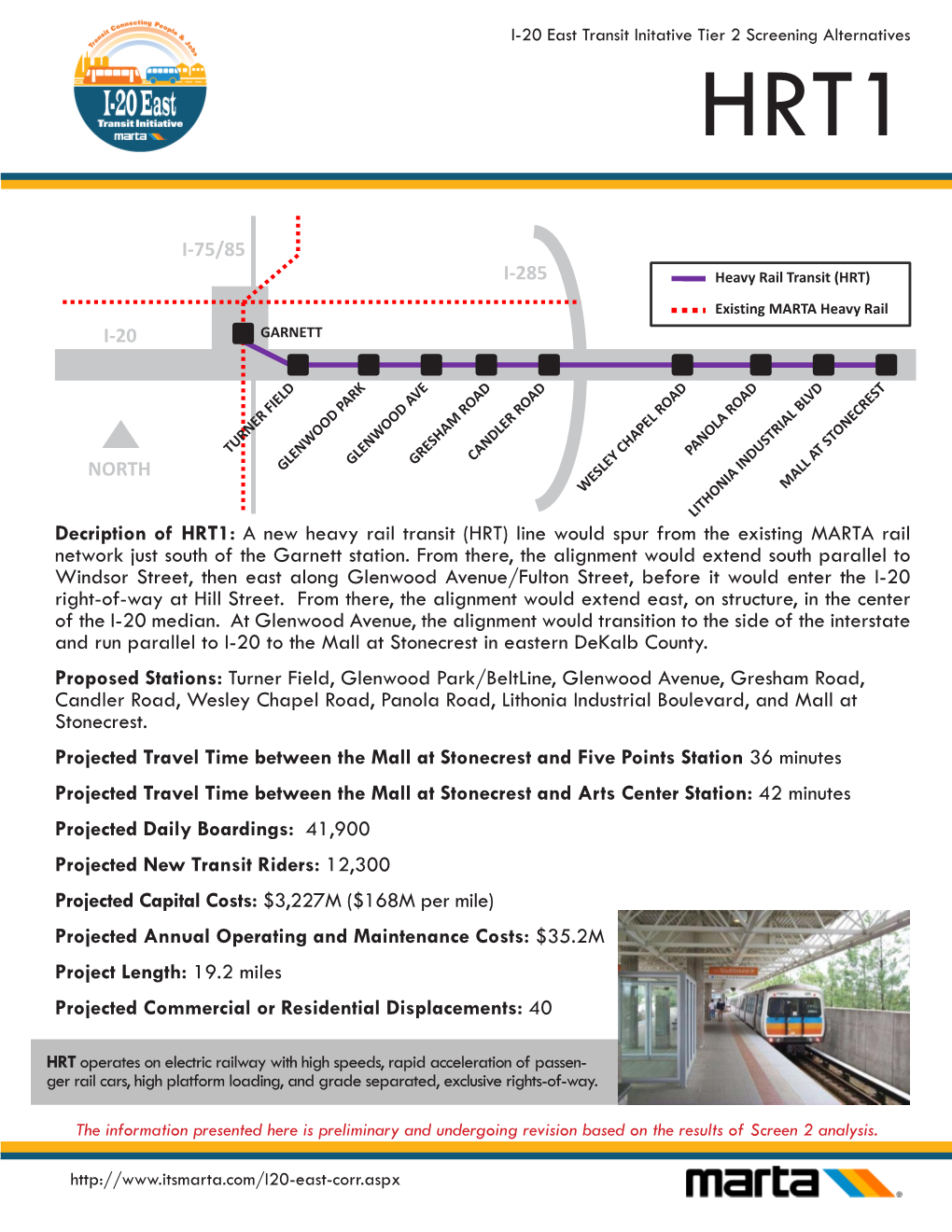 Decription of HRT1: a New Heavy Rail Transit (HRT) Line Would Spur from the Existing MARTA Rail Network Just South of the Garnett Station