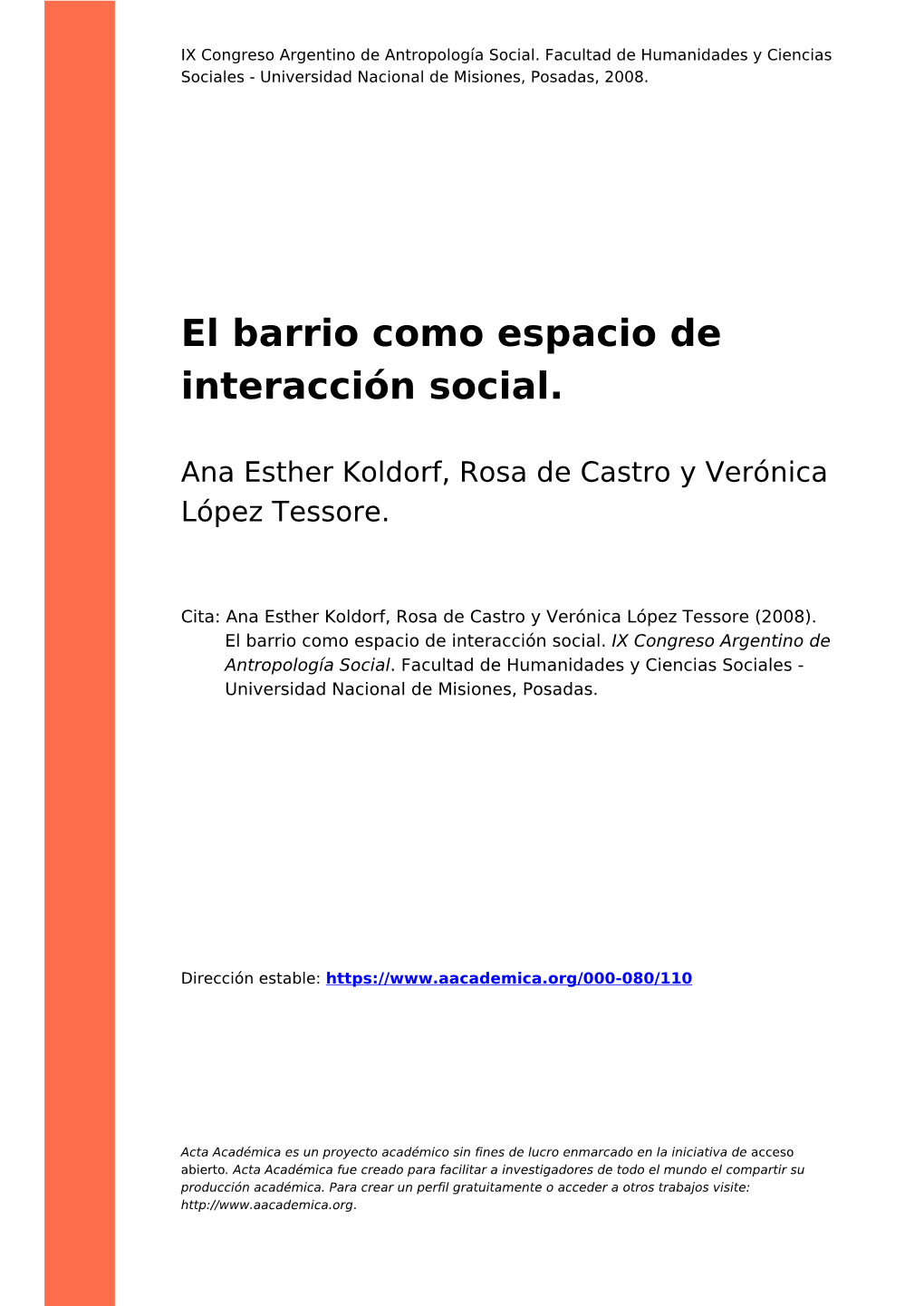 El Barrio Como Espacio De Interacción Social