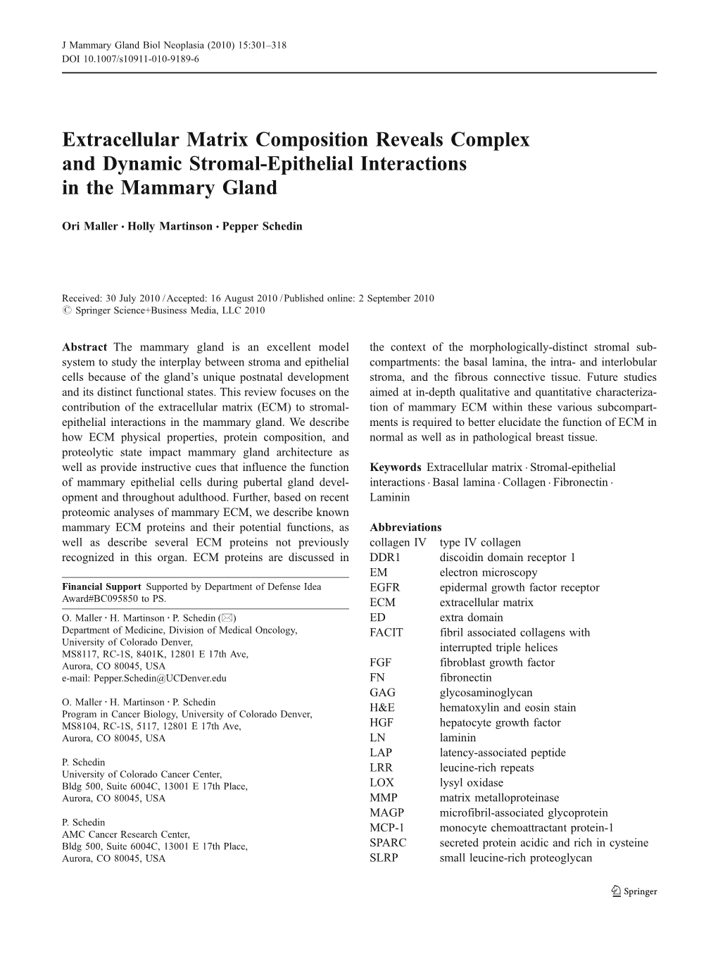 Extracellular Matrix Composition Reveals Complex and Dynamic Stromal-Epithelial Interactions in the Mammary Gland