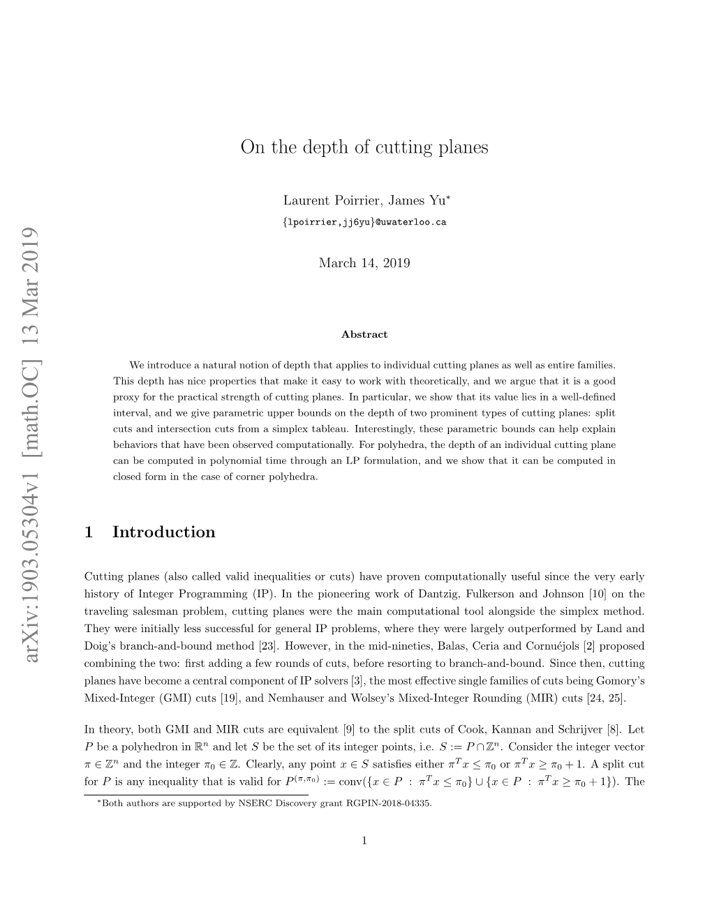 Arxiv:1903.05304V1 [Math.OC] 13 Mar 2019 Combining the Two: ﬁrst Adding a Few Rounds of Cuts, Before Resorting to Branch-And-Bound