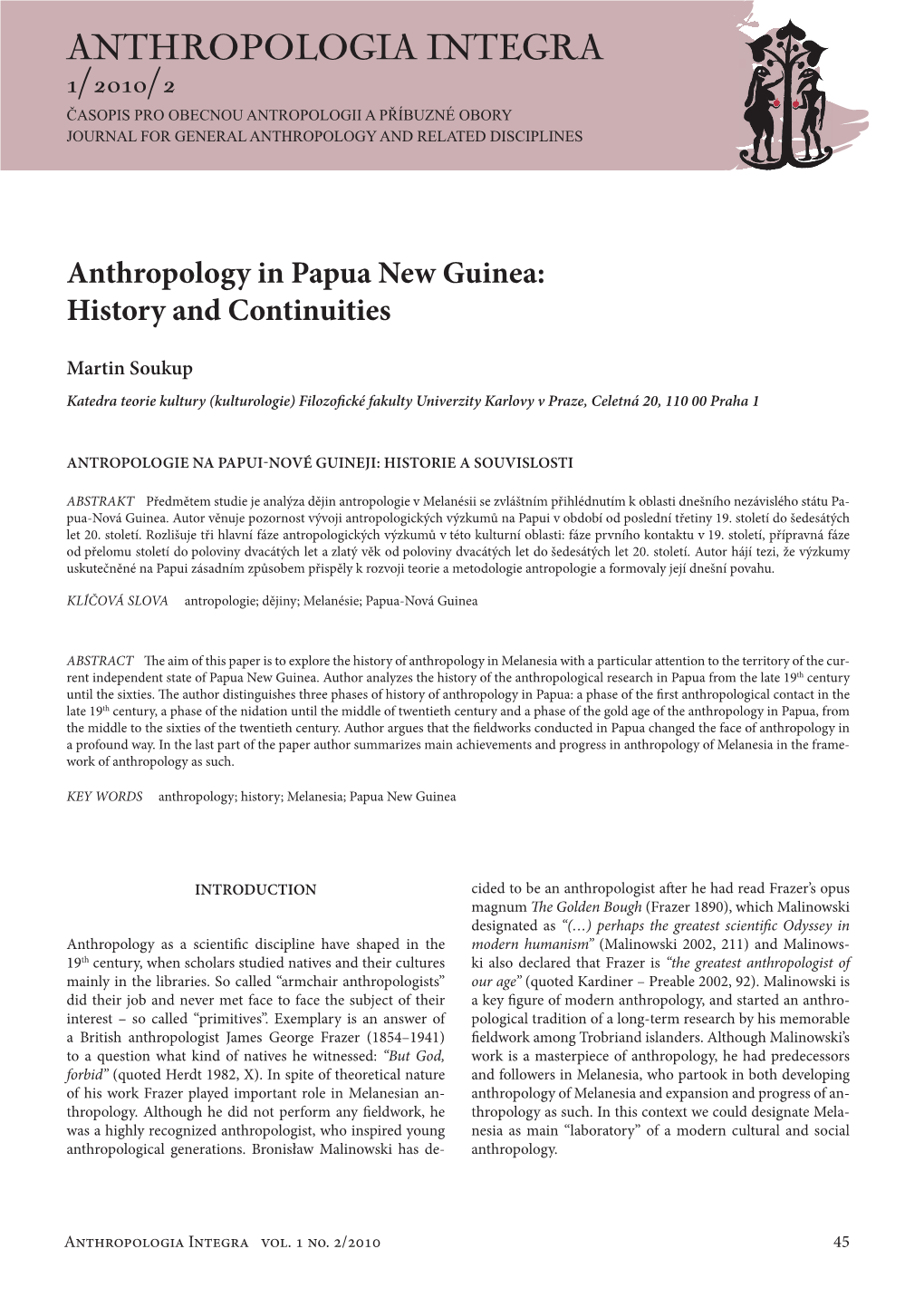 Anthropologia Integra 1/2010/2 Časopis Pro Obecnou Antropologii a Příbuzné Obory Journal for General Anthropology and Related Disciplines