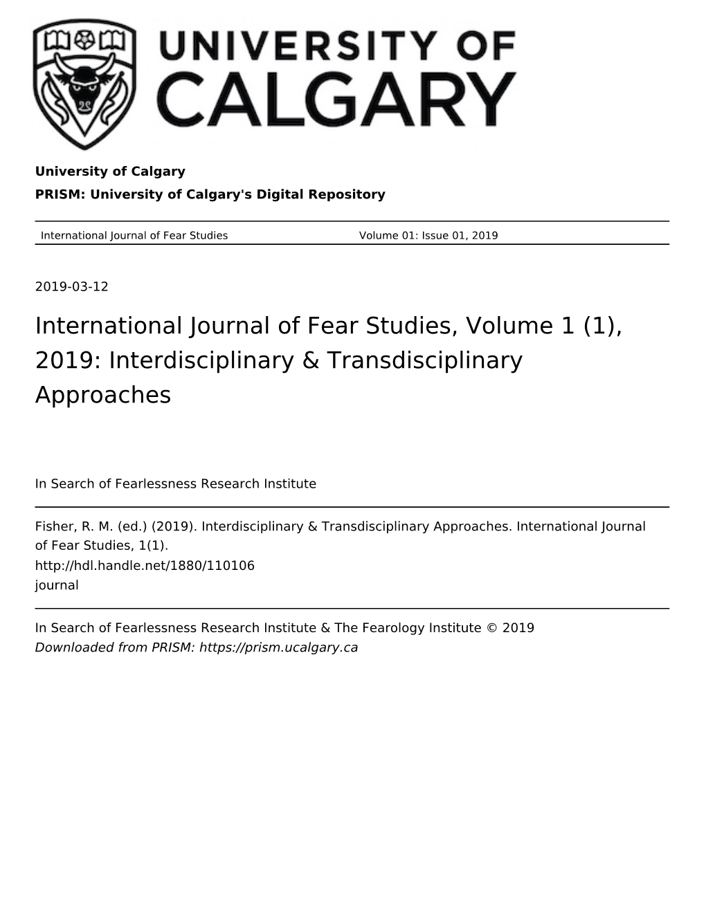 International Journal of Fear Studies Volume 01: Issue 01, 2019
