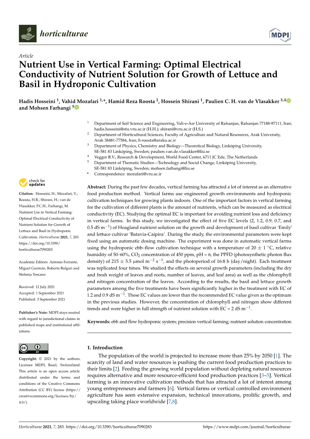 Nutrient Use in Vertical Farming: Optimal Electrical Conductivity of Nutrient Solution for Growth of Lettuce and Basil in Hydroponic Cultivation