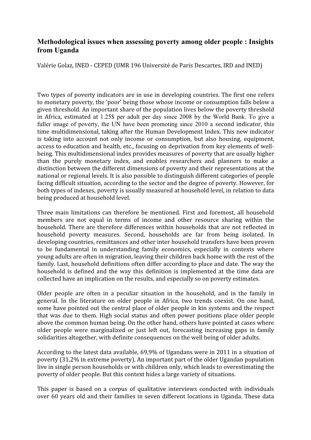 Methodological Issues When Assessing Poverty Among Older People : Insights from Uganda