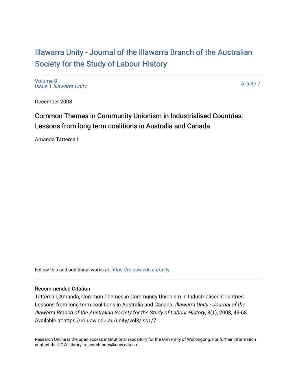 Common Themes in Community Unionism in Industrialised Countries: Lessons from Long Term Coalitions in Australia and Canada