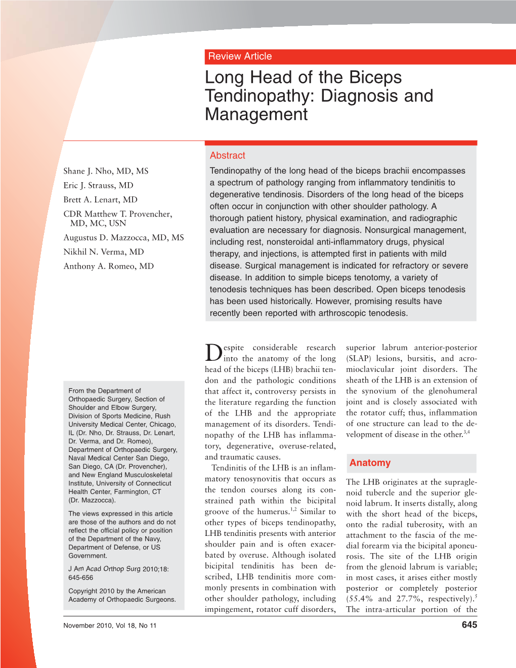 Long Head of the Biceps Tendinopathy: Diagnosis and Management