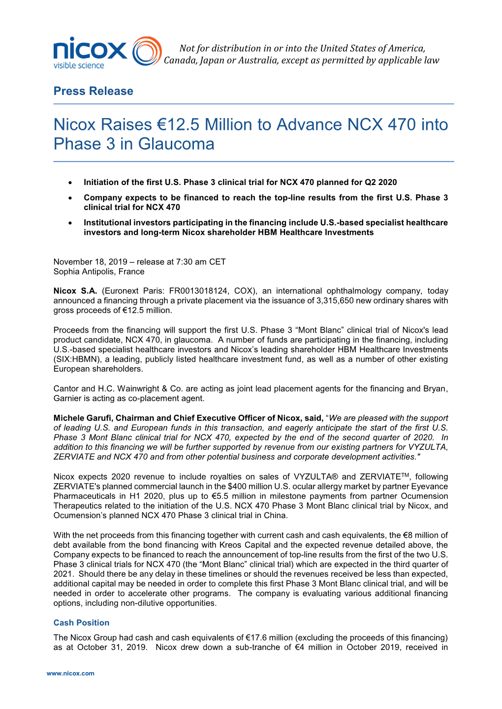 Nicox Raises €12.5 Million to Advance NCX 470 Into Phase 3 in Glaucoma