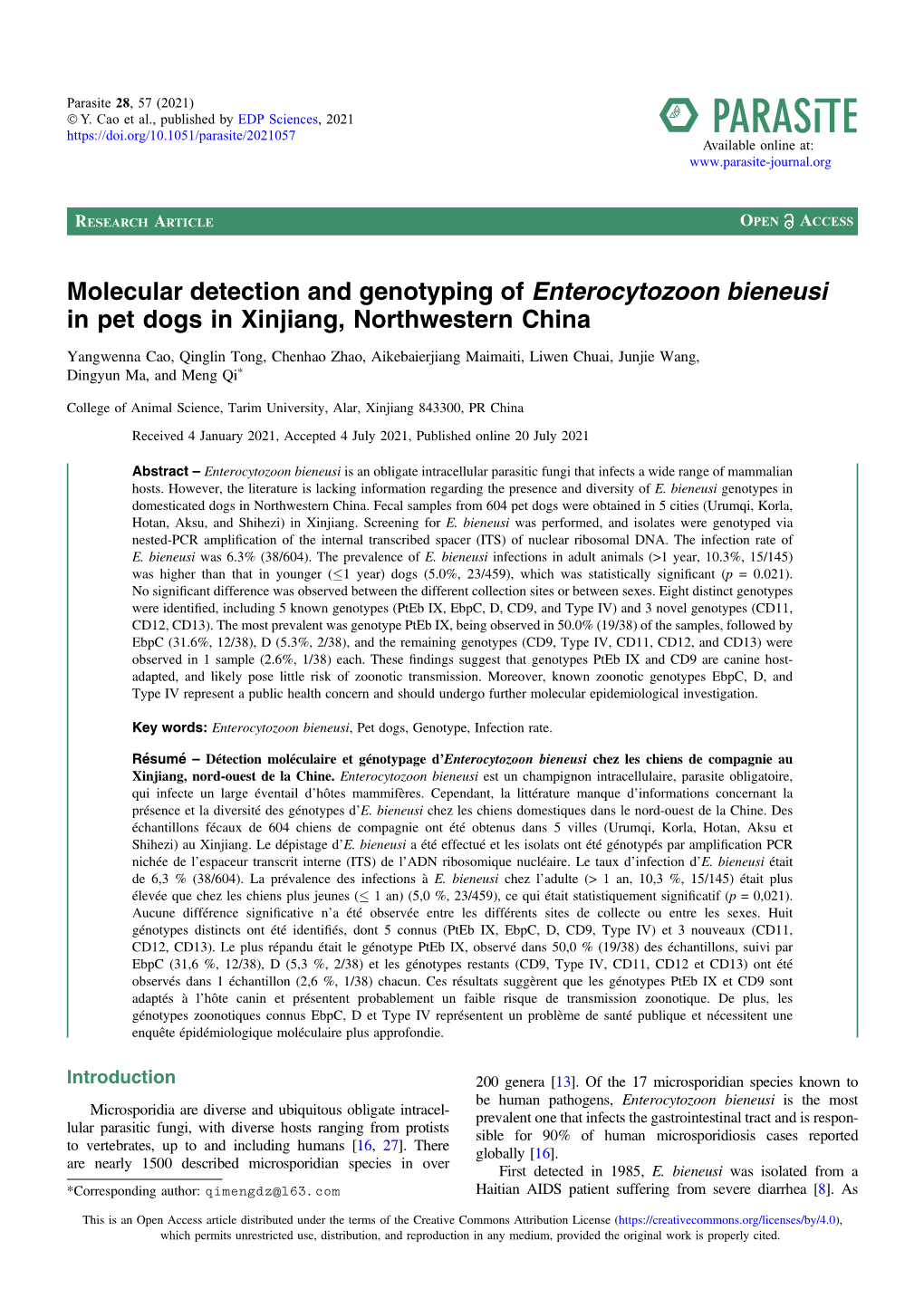 Molecular Detection and Genotyping of Enterocytozoon Bieneusi in Pet Dogs in Xinjiang, Northwestern China