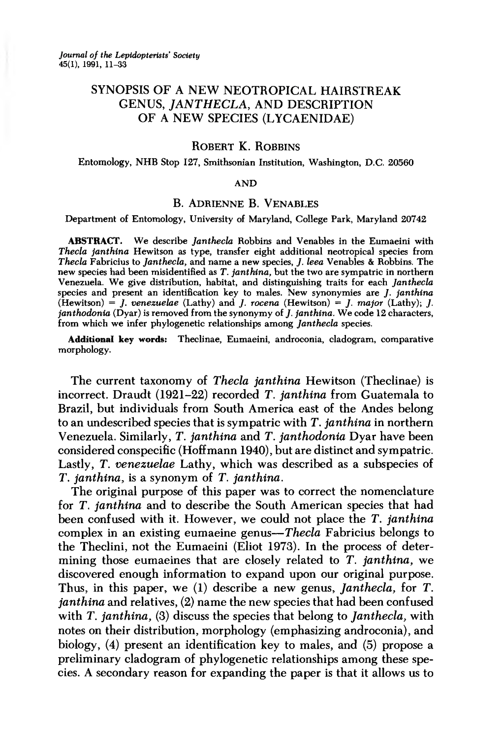 Synopsis of a New Neotropical Hairstreak Genus, Janthecla, and Description of a New Species (Lycaenidae)