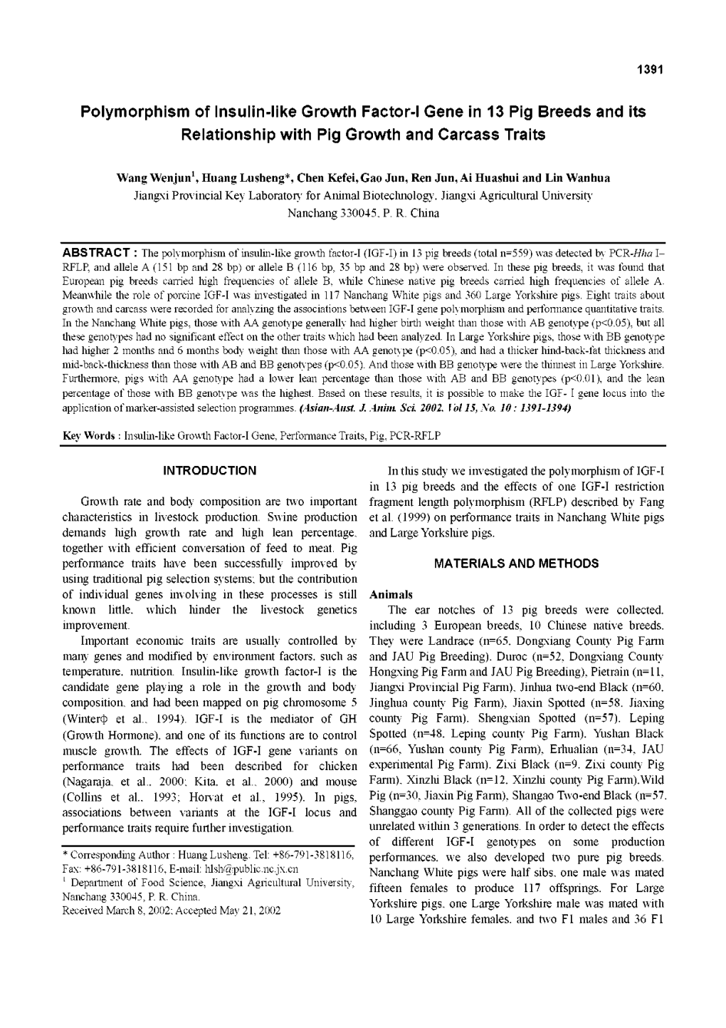 Polymorphism of Insulin-Like Growth Factor-I Gene in 13 Pig Breeds and Its Relationship with Pig Growth and Carcass Traits