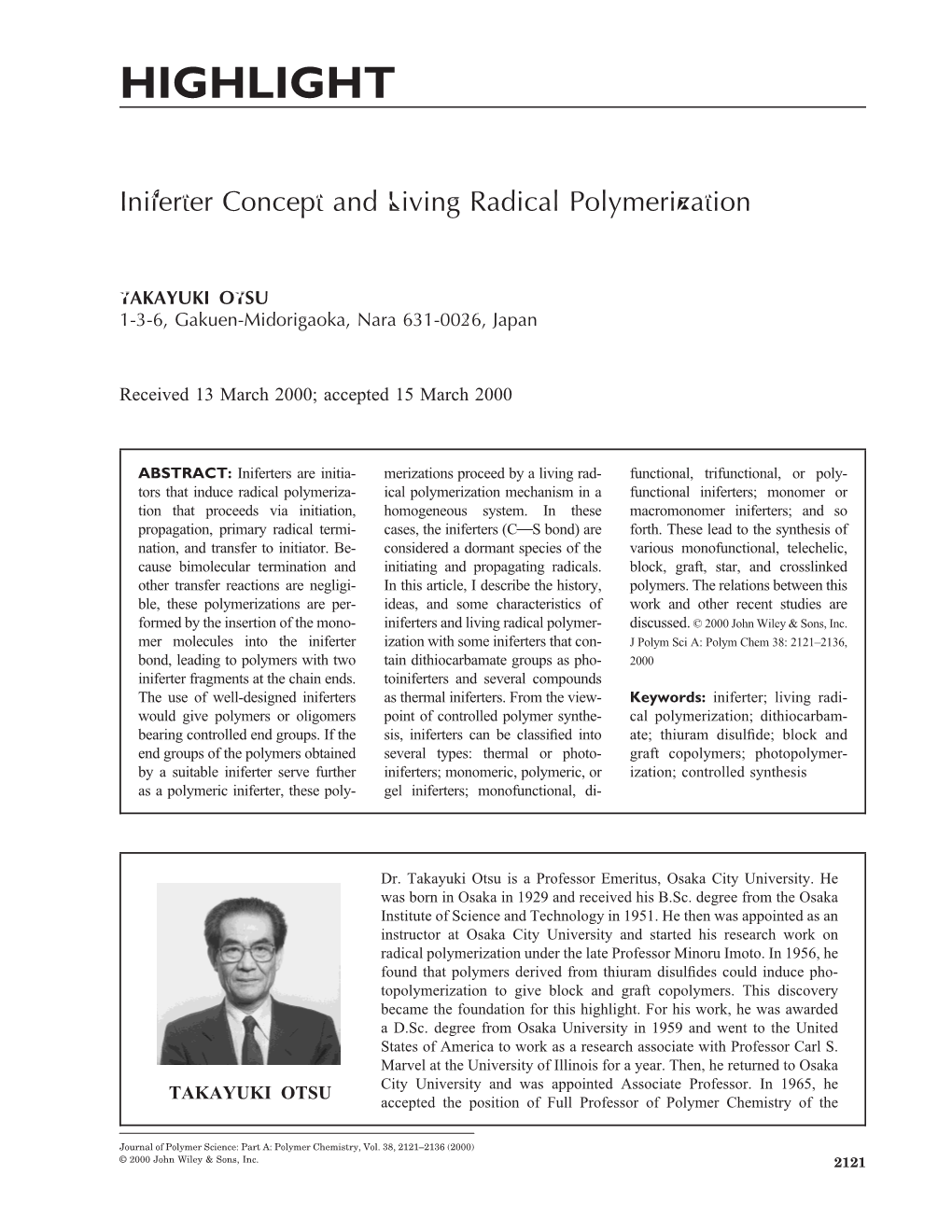 Iniferter Concept and Living Radical Polymerization