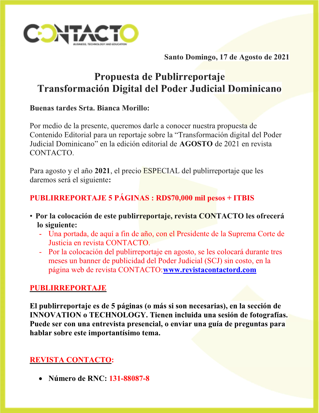 Propuesta De Publirreportaje Transformación Digital Del Poder Judicial Dominicano