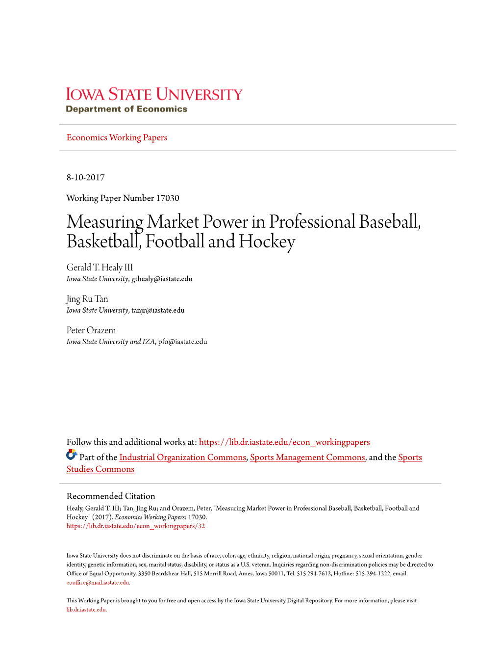 Measuring Market Power in Professional Baseball, Basketball, Football and Hockey Gerald T