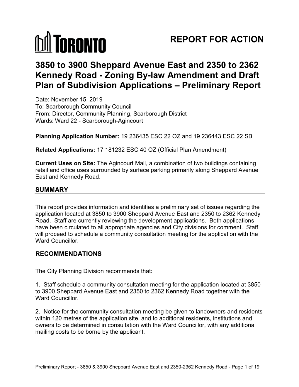 3850 to 3900 Sheppard Avenue East and 2350 to 2362 Kennedy Road - Zoning By-Law Amendment and Draft Plan of Subdivision Applications – Preliminary Report