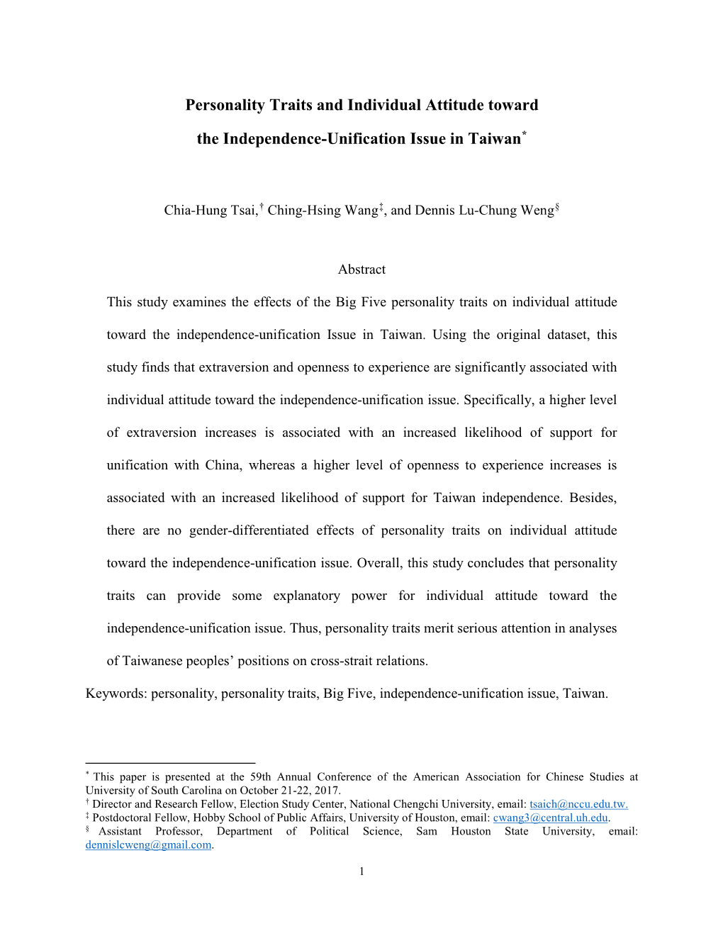 Personality Traits and Individual Attitude Toward the Independence-Unification Issue in Taiwan