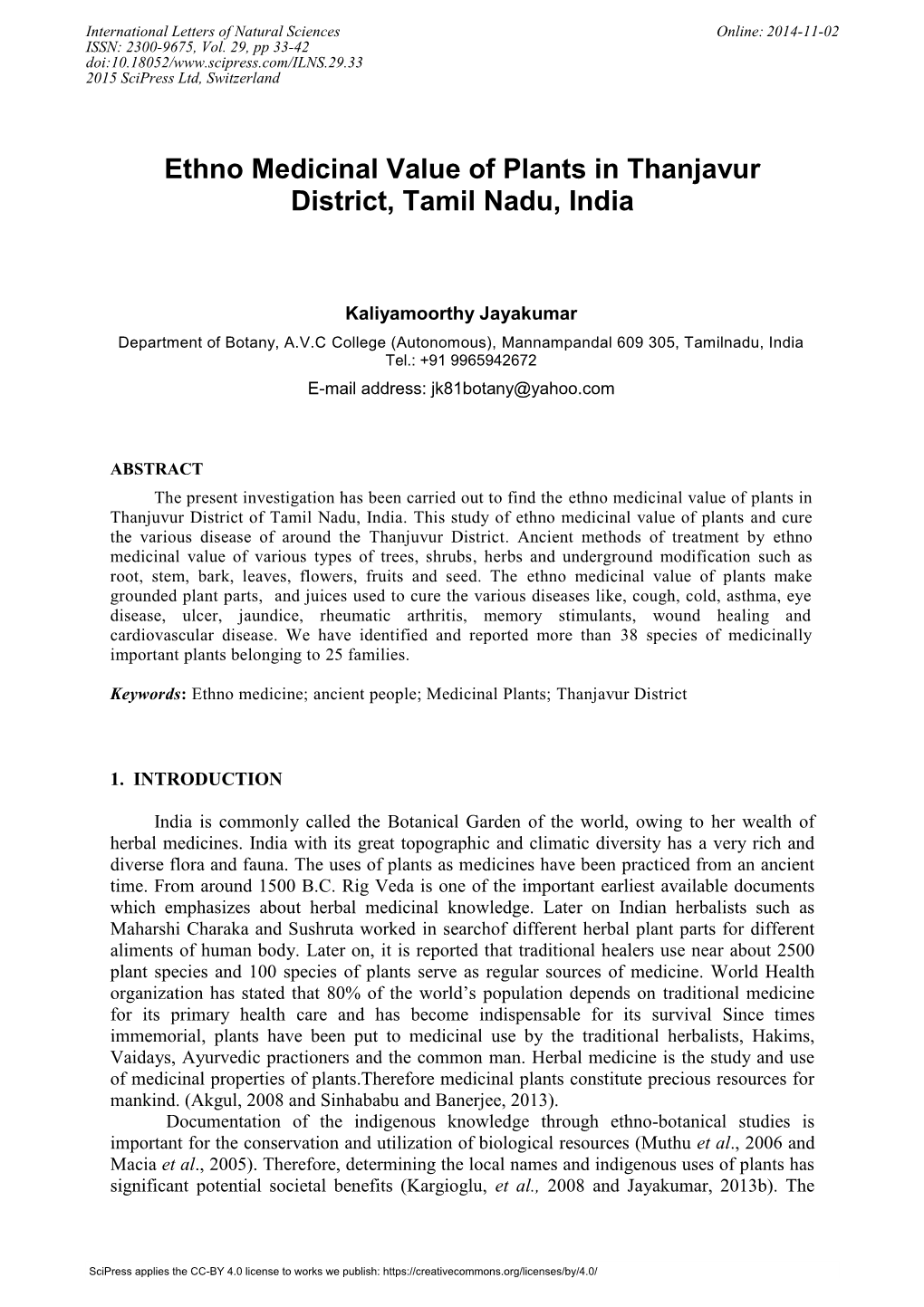 Ethno Medicinal Value of Plants in Thanjavur District, Tamil Nadu, India