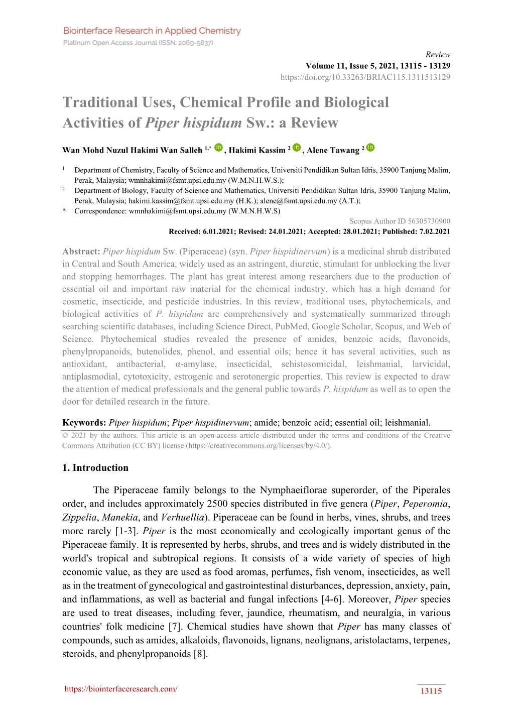 Traditional Uses, Chemical Profile and Biological Activities of Piper Hispidum Sw.: a Review
