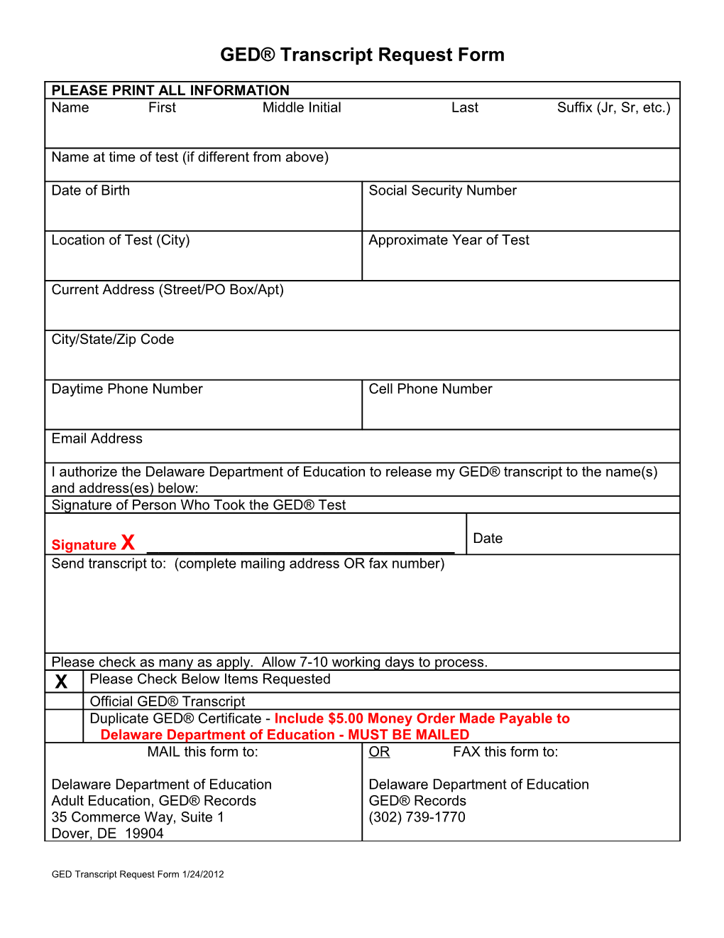 GED Transcript Request Form