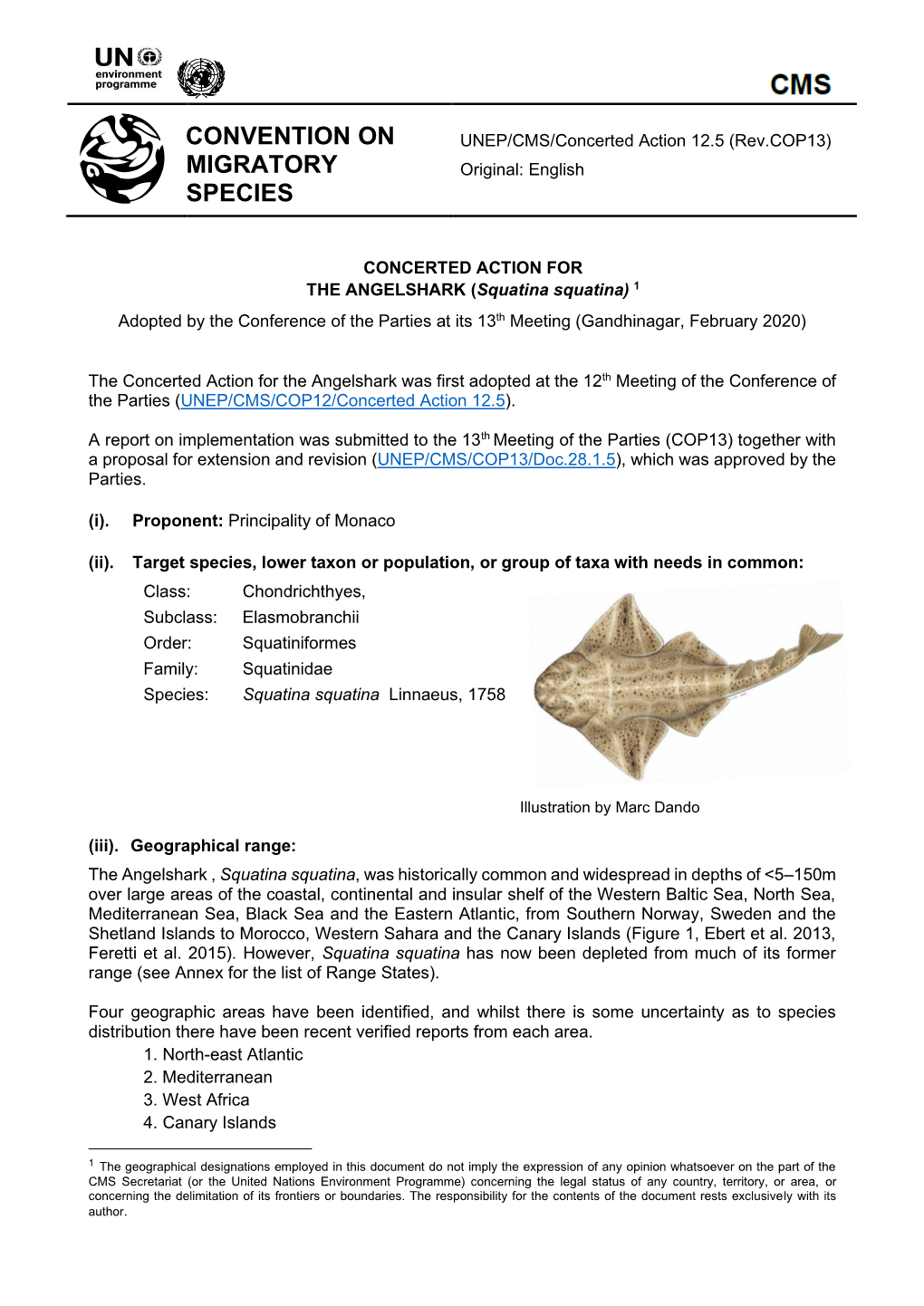 CONCERTED ACTION for the ANGELSHARK (Squatina Squatina) 1 Adopted by the Conference of the Parties at Its 13Th Meeting (Gandhinagar, February 2020)