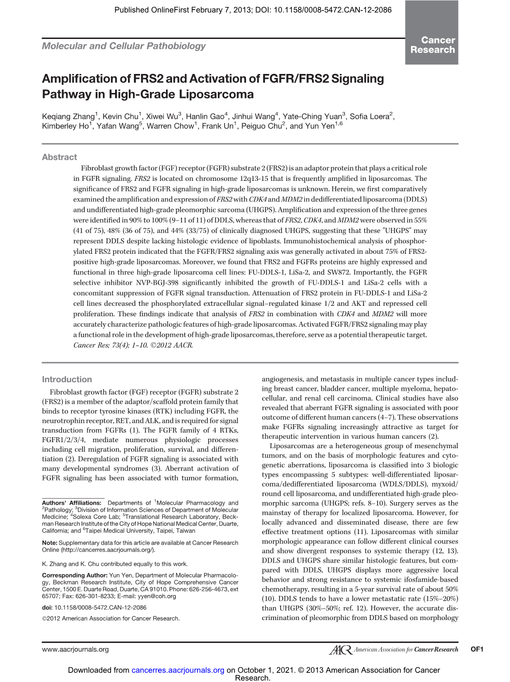 Amplification of FRS2 and Activation of FGFR/FRS2 Signaling Pathway in High-Grade Liposarcoma