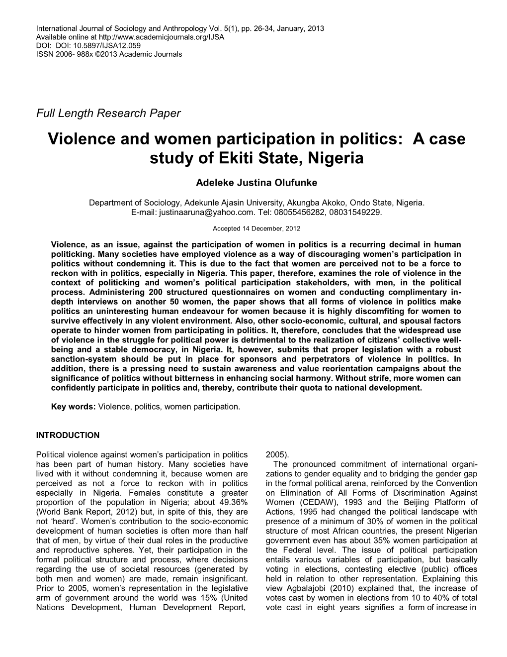Violence and Women Participation in Politics: a Case Study of Ekiti State, Nigeria
