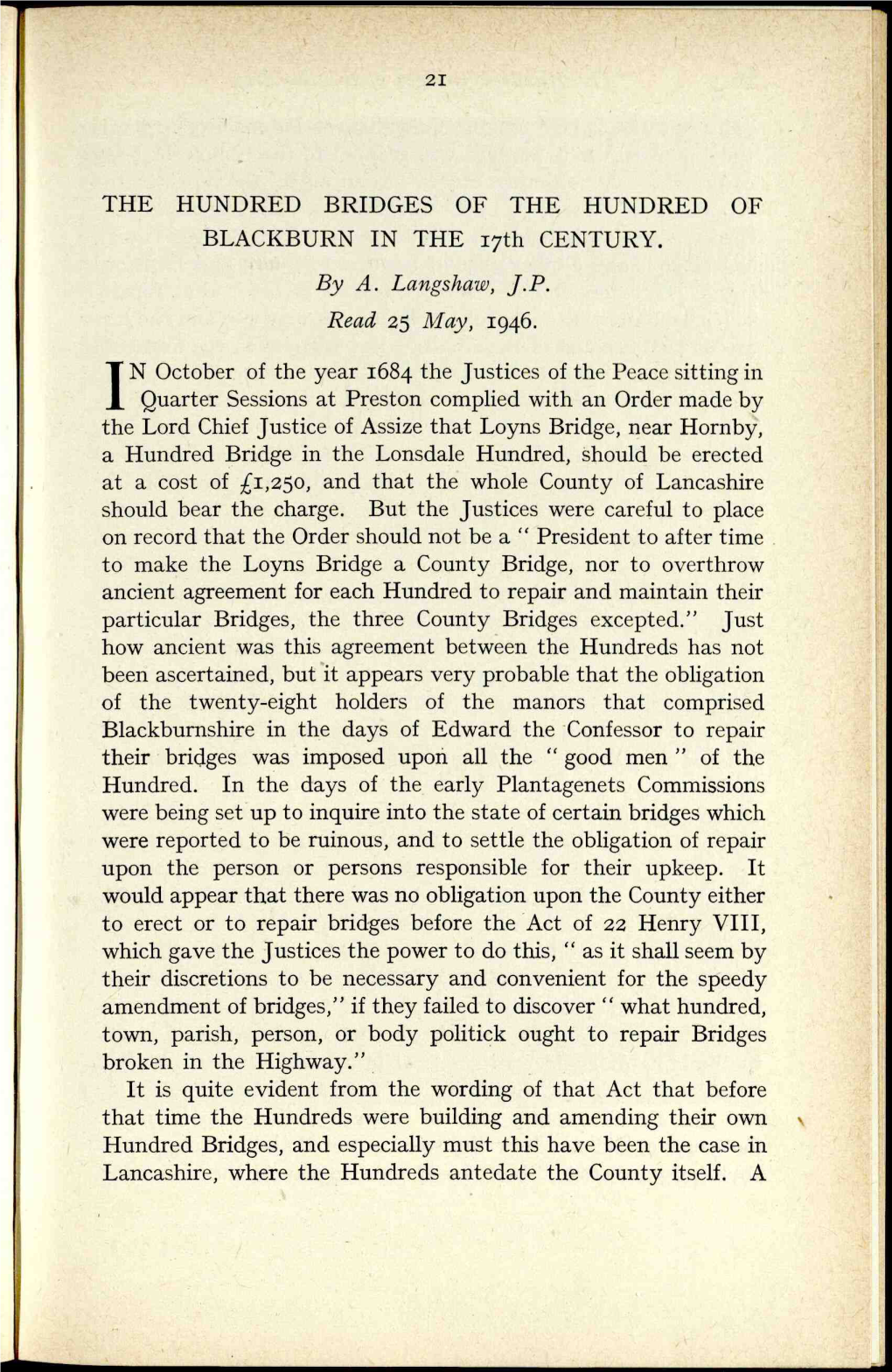 THE HUNDRED BRIDGES of the HUNDRED of BLACKBURN in the I7th CENTURY