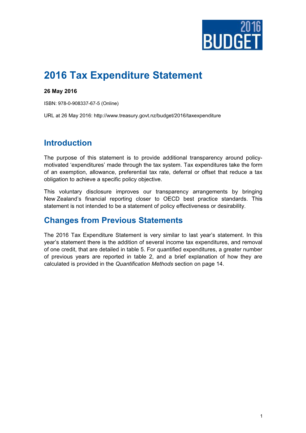 2016 Tax Expenditure Statement - 26 May 2016 - Budget 2016