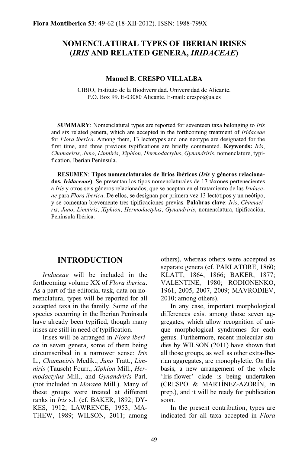 Nomenclatural Types of Iberian Irises (Iris and Related Genera, Iridaceae)