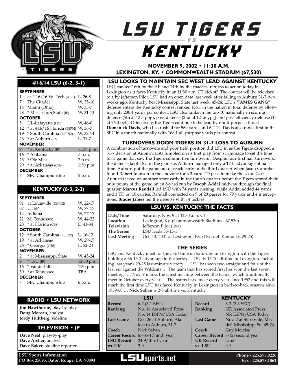 Lsu Tigers V S Kentucky November 9, 2002 • 11:30 A.M