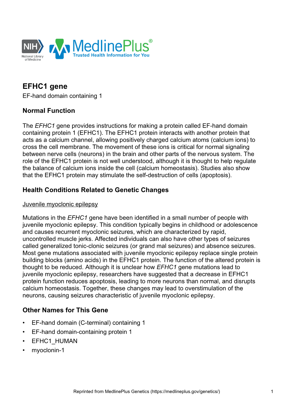 EFHC1 Gene EF-Hand Domain Containing 1