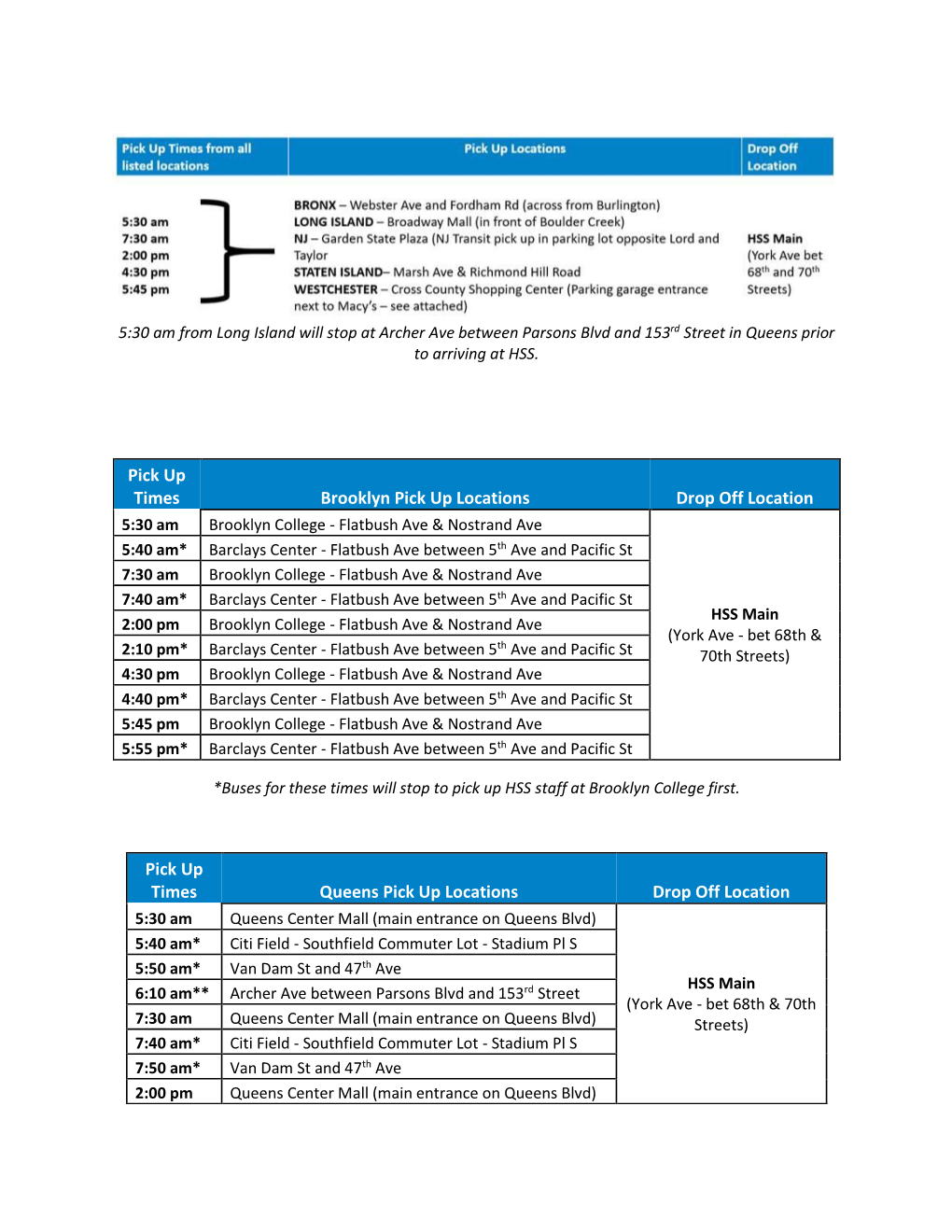 Pick up Times Brooklyn Pick up Locations Drop Off Location