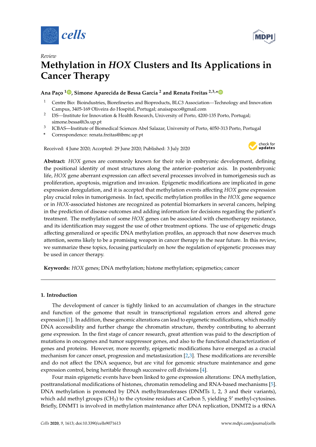 Methylation in HOX Clusters and Its Applications in Cancer Therapy