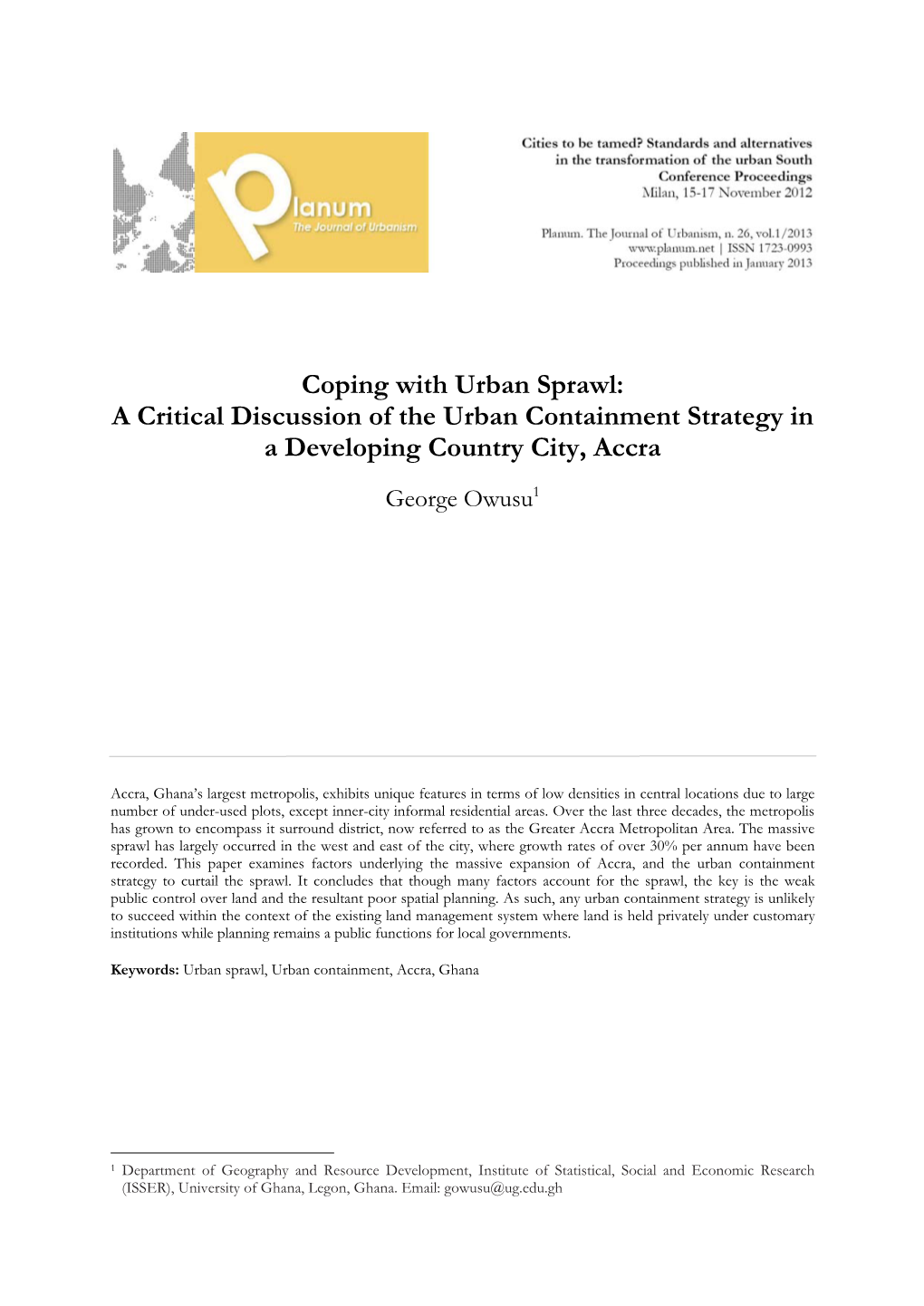 Coping with Urban Sprawl: a Critical Discussion of the Urban Containment Strategy in a Developing Country City, Accra