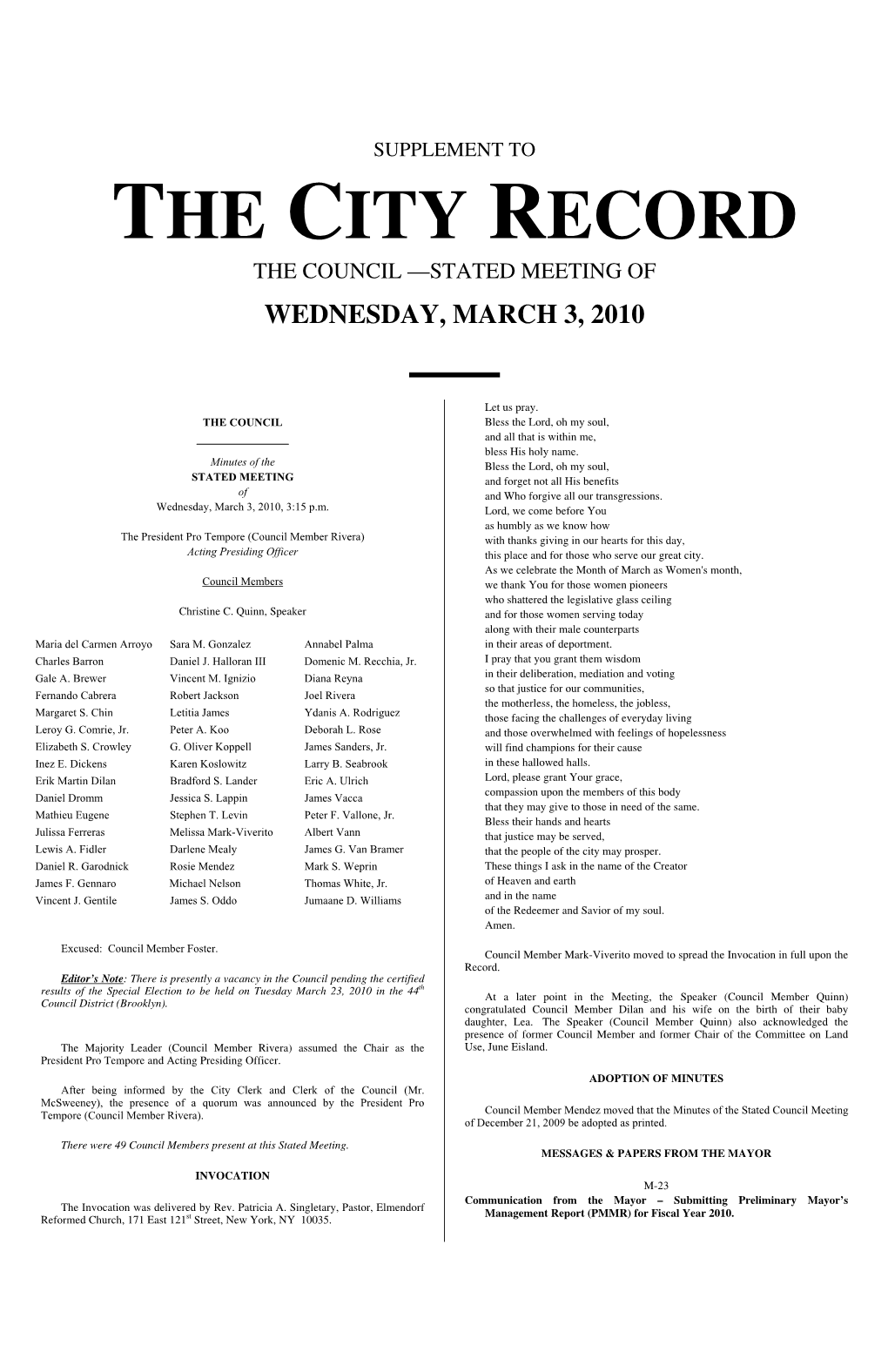 Supplement to the City Record the Council —Stated Meeting of Wednesday, March 3, 2010