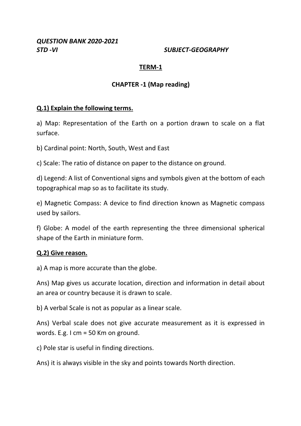 Question Bank 2020-2021 Std -Vi Subject-Geography