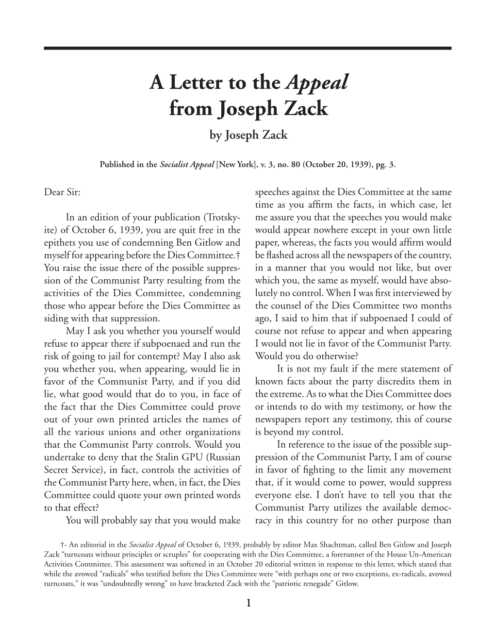A Letter to the Appeal from Joseph Zack by Joseph Zack