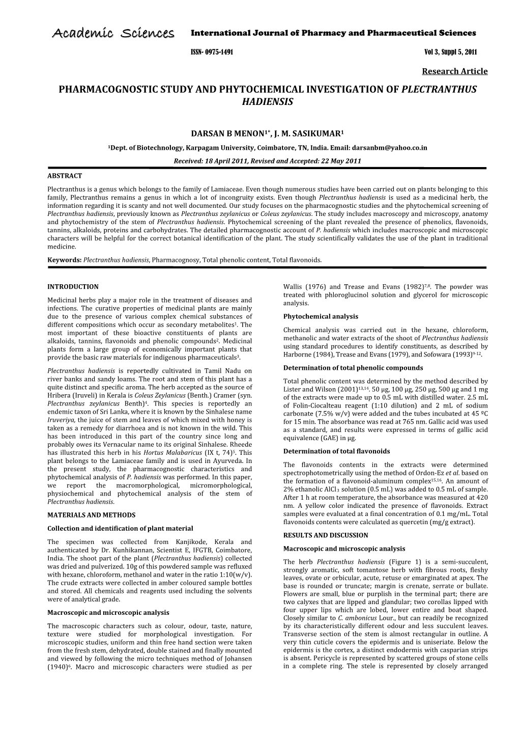 Pharmacognostic Study and Phytochemical Investigation of Plectranthus Hadiensis